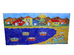 Pannello in ceramica da 8 piastrelle paesaggio di casette con mare blu e golfo Nino Parrucca