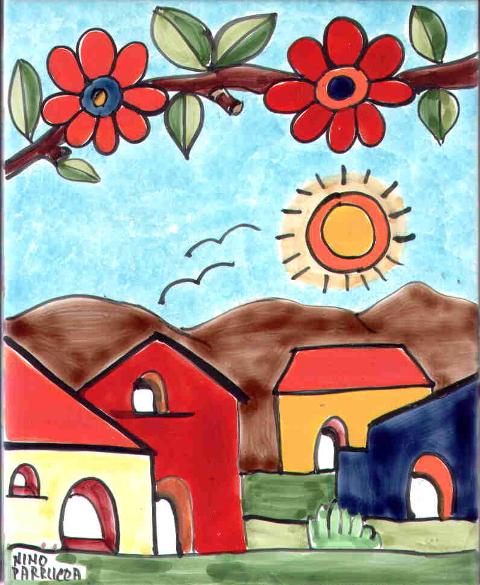 Piastrella in ceramica decoro casette con ramo di fiori Nino Parrucca Rettangolare - Cod. 61