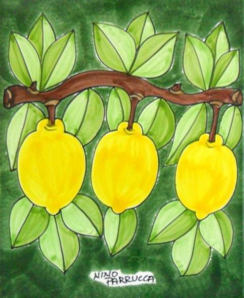 Piastrella in ceramica decoro ramo Limoni Nino Parrucca Rettangolare - Cod. 65