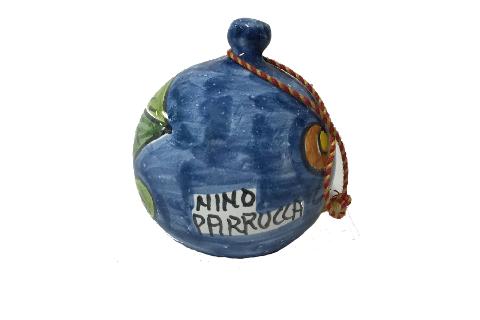 Pallina di Natale Nino Parrucca fiore giallo su fondo blu