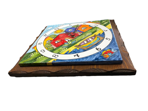 Piastra ad Orologio con base in legno  decoro casette con barca Nino Parrucca