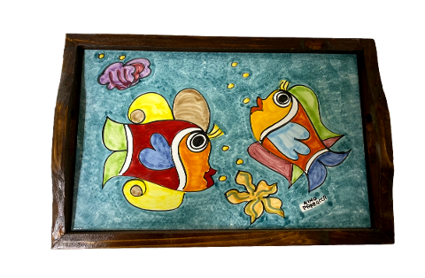 Vassoio grande Nino Parrucca in legno e ceramica