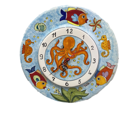 Orologio a cappello d.cm.44 fondale marino celeste in ceramica Nino Parrucca
