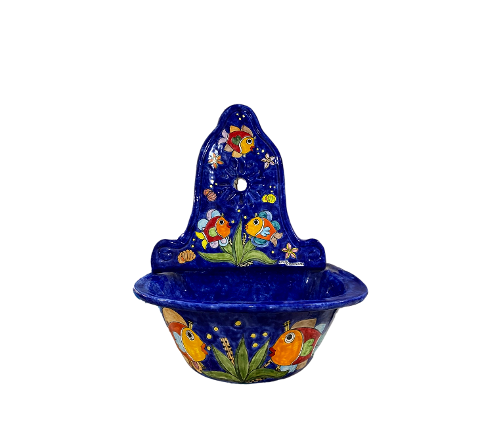 Lavabo in ceramica con parete Pesci fondo blu elettrico Nino Parrucca