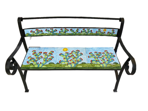 Panchina 3 Posti con braccioli - Fichi d'India Nino Parrucca in ferro e ceramica