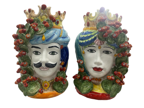 Teste di Moro H.cm.38 con pale di fichi d'india Nino Parrucca in ceramica