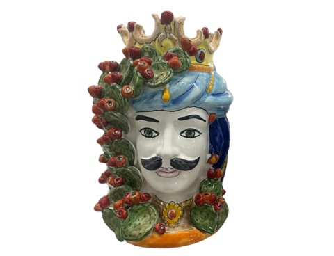 Teste di Moro H.cm.38 con pale di fichi d'india Nino Parrucca in ceramica