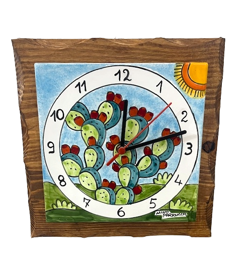 Piastra ad Orologio con base in legno  decoro Pale di fichi d'india Nino Parrucca in Legno e Ceramica
