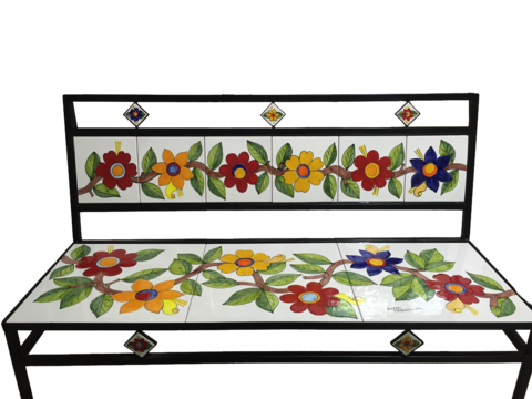 Panchina 3 Posti - Fiori grandi fondo bianco Nino Parrucca in ferro e ceramica