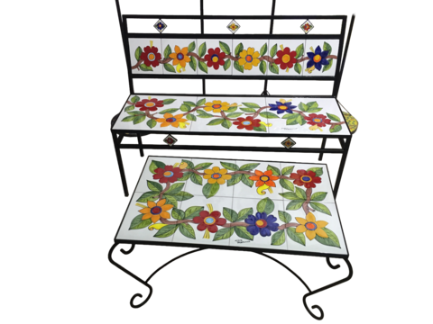 Panchina 3 Posti - Fiori grandi fondo bianco Nino Parrucca in ferro e ceramica