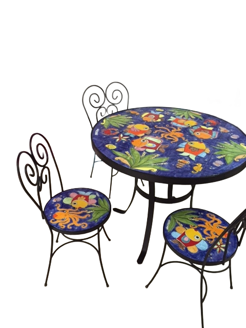 Tavolo rotondo d.cm.100 - Fondale Marino Blu Nino Parrucca in ferro e ceramica