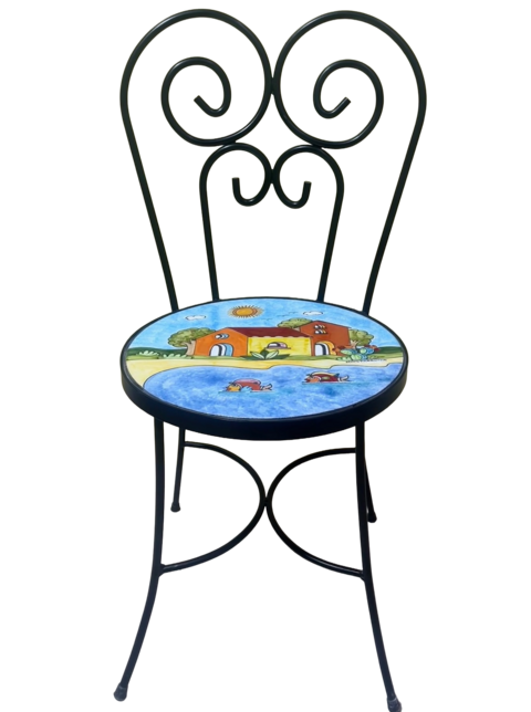 Sedia Rotonda d.cm.39 - Casette con mare azzurro, pale di fichi e pesci Nino Parrucca in ferro e ceramica