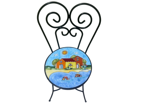 Sedia Rotonda d.cm.39 - Casette con mare azzurro, pale di fichi e pesci Nino Parrucca in ferro e ceramica