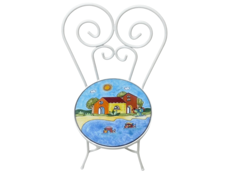 Sedia Rotonda d.cm.39 - Casette con mare azzurro, pale di fichi e pesci Nino Parrucca in ferro e ceramica