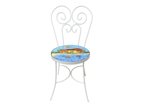 Sedia Rotonda d.cm.39 - Casette con mare azzurro, pale di fichi e pesci Nino Parrucca in ferro e ceramica