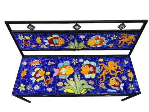 Panchina 3 Posti - Fondale marino blue smalto Nino Parrucca in ferro e ceramica