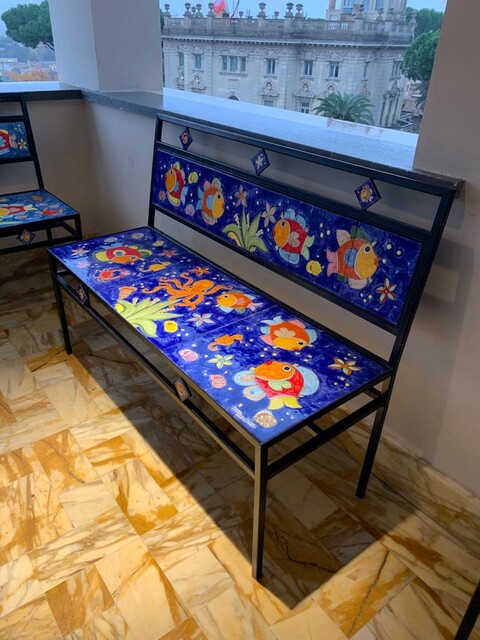 Panchina 3 Posti - Fondale marino blue smalto Nino Parrucca in ferro e ceramica