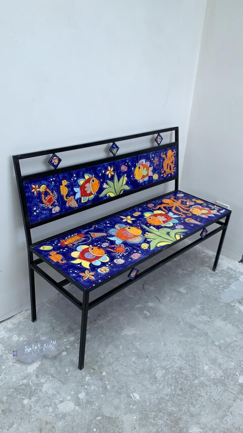 Panchina 3 Posti - Fondale marino blue smalto Nino Parrucca in ferro e ceramica