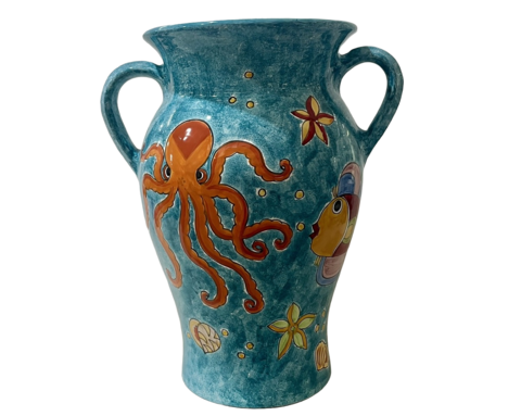 Portaombrelli ad anfora con manici - fondale marino verde smeraldo Nino Parrucca in ceramica