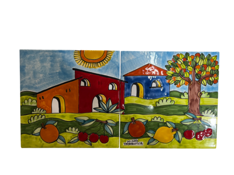 Pannello da 2 piastrelle in ceramica Decoro Casette con albero di arance e frutta Nino Parrucca