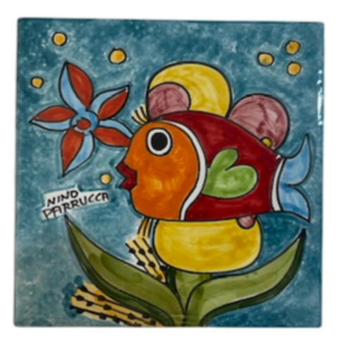 Piastrella in ceramica decoro pesce fondo verde smeraldo Quadrata - Cod. 48 Nino Parrucca