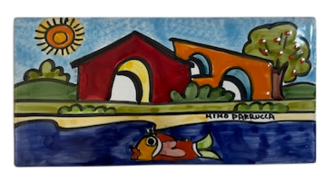 Piastrella in ceramica decoro casette - Cod. 58 Nino Parrucca