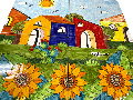 Pannello da 4 piastrelle in ceramica - Paesaggio di casette con girasoli Nino Parrucca