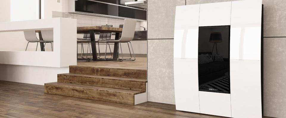 Termostufa a pellet con tecnologia "Aqua" Moretti Design COMPACT-GLASS