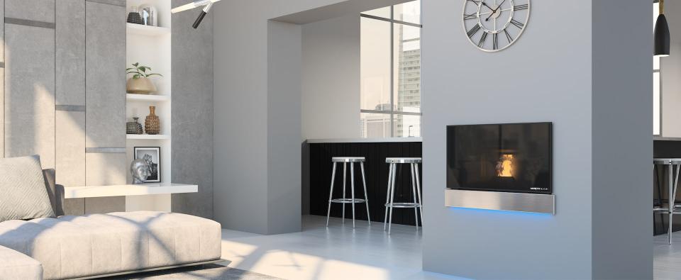 Termostufa a pellet da incasso con tecnologia "Aqua" Moretti Design SLOT VISION