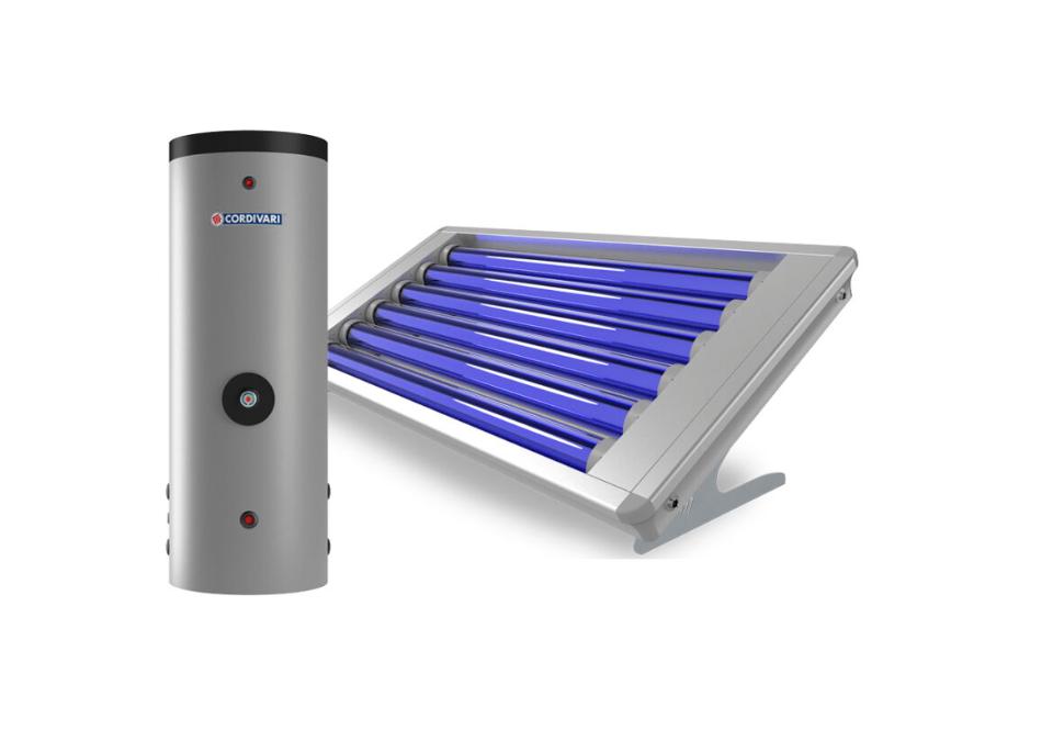 Sistema termico solare compatto con bollitore ibrido con volano termico per pompa di calore Cordivari