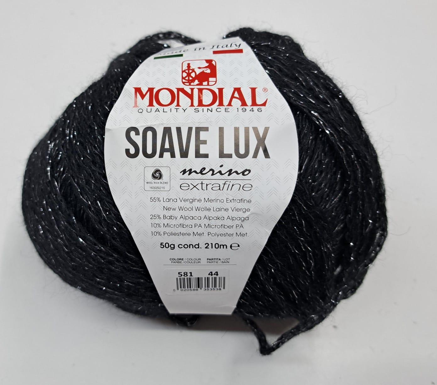 SOAVE LUX
65% Lana Vergine Merino Extrafine 25% Baby Alpaca 10% Microfibra -50 gr- Mondial Lana Vergine Merino Extrafine