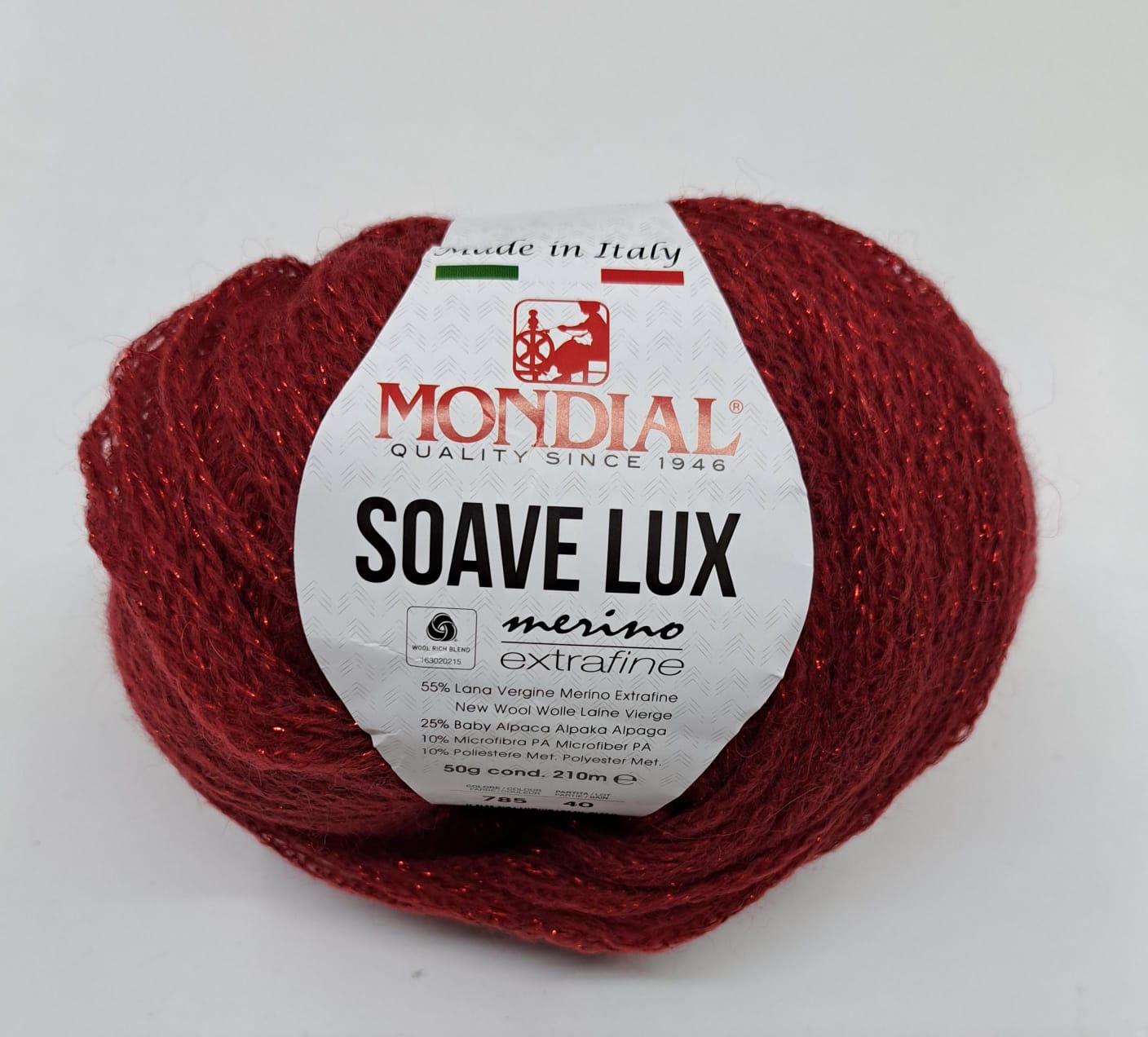 SOAVE LUX
65% Lana Vergine Merino Extrafine 25% Baby Alpaca 10% Microfibra -50 gr- Mondial Lana Vergine Merino Extrafine