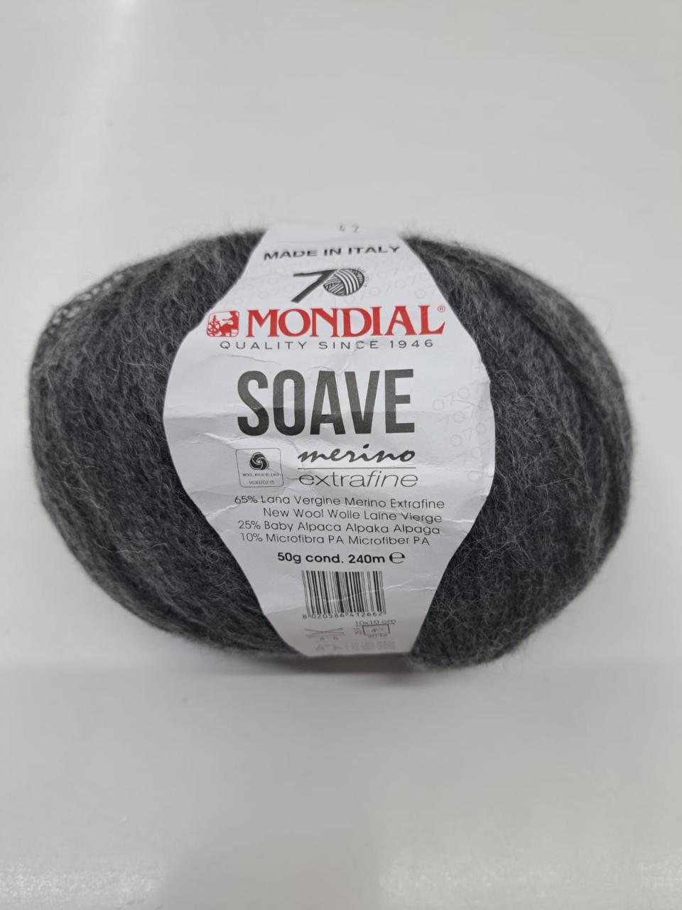 SOAVE
65% Lana Vergine Merino Extrafine 25% Baby Alpaca 10% Microfibra -50 gr- Mondial