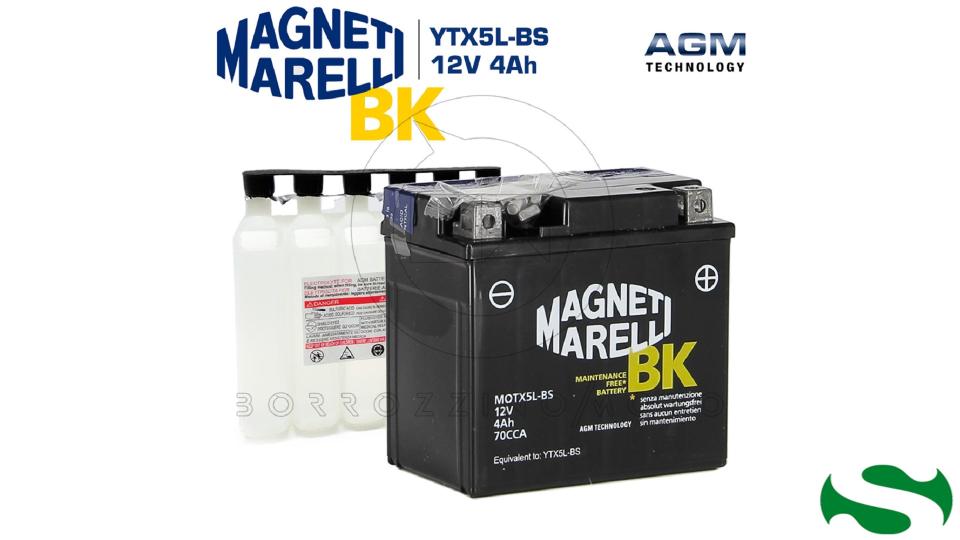 BATTERIA MOTO 12V-5AH AGM -CORREDATA DI ACIDO -SIGILLATA MAGNETI MARELLI MOTX5L-BS-YTX5L-BS