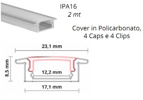 Profilo Alluminio Incasso 2mt completo di cover Opaca, Tappi e Clip Pris