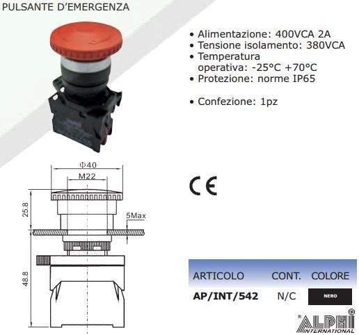 Pulsante d'emergenza a Rilascio a Fungo Rosso con contatto NC ALPHI INTERNATIONAL