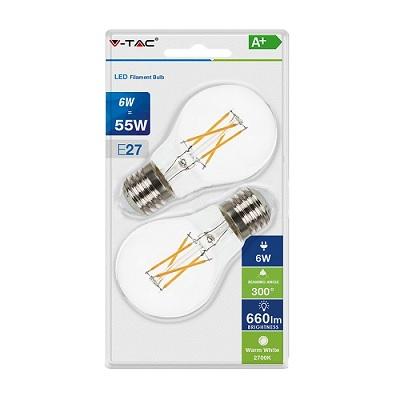 Lampada Goccia LED a Filamento E27 6w Luce Calda 600 Lumen Blister 2pz V-TAC