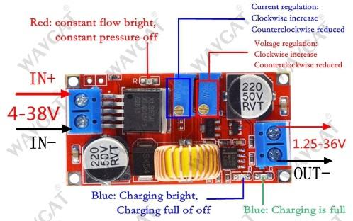 step-down DC-DC 5A IN 4-38 Vdc Out 1,25-36 Vdc con Regolazione di Corrente