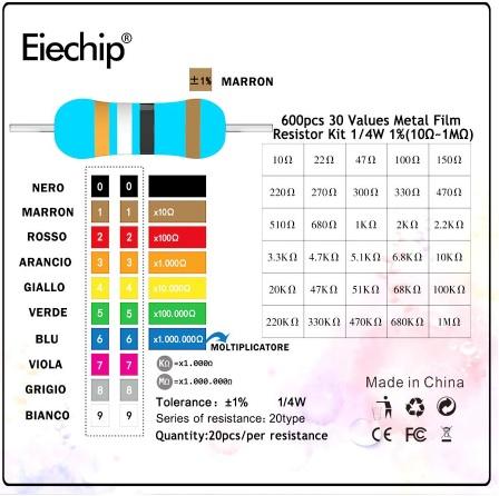 Kit 600 Resistenze 1/4w 30 Valori