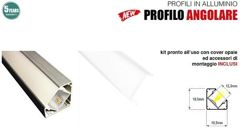 Profilo Alluminio Angolare 2mt completo di cover Opaca, Tappi e Clip Century KPRAN-1818