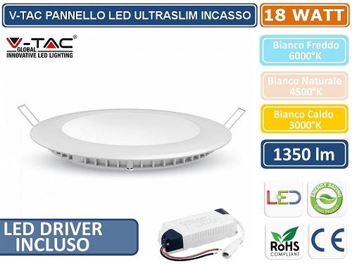 Pannello LED Incasso Rotondo 18w Luce Fredda 1500 Lumen V-TAC