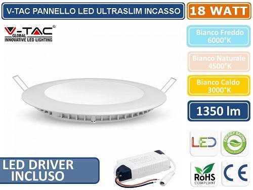 Pannello LED Incasso Rotondo 18w Luce Calda 1500 Lumen V-TAC