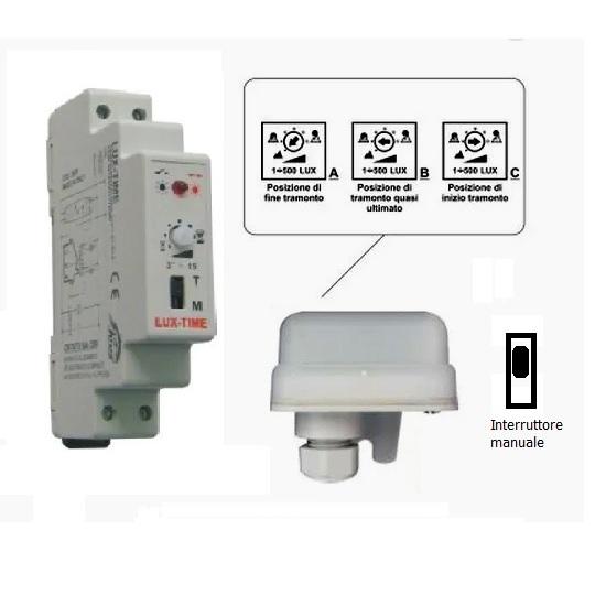 Relè Crepuscolare 16A 1 Modulo Din 220V con fotocellula e interruttore manuale Geca