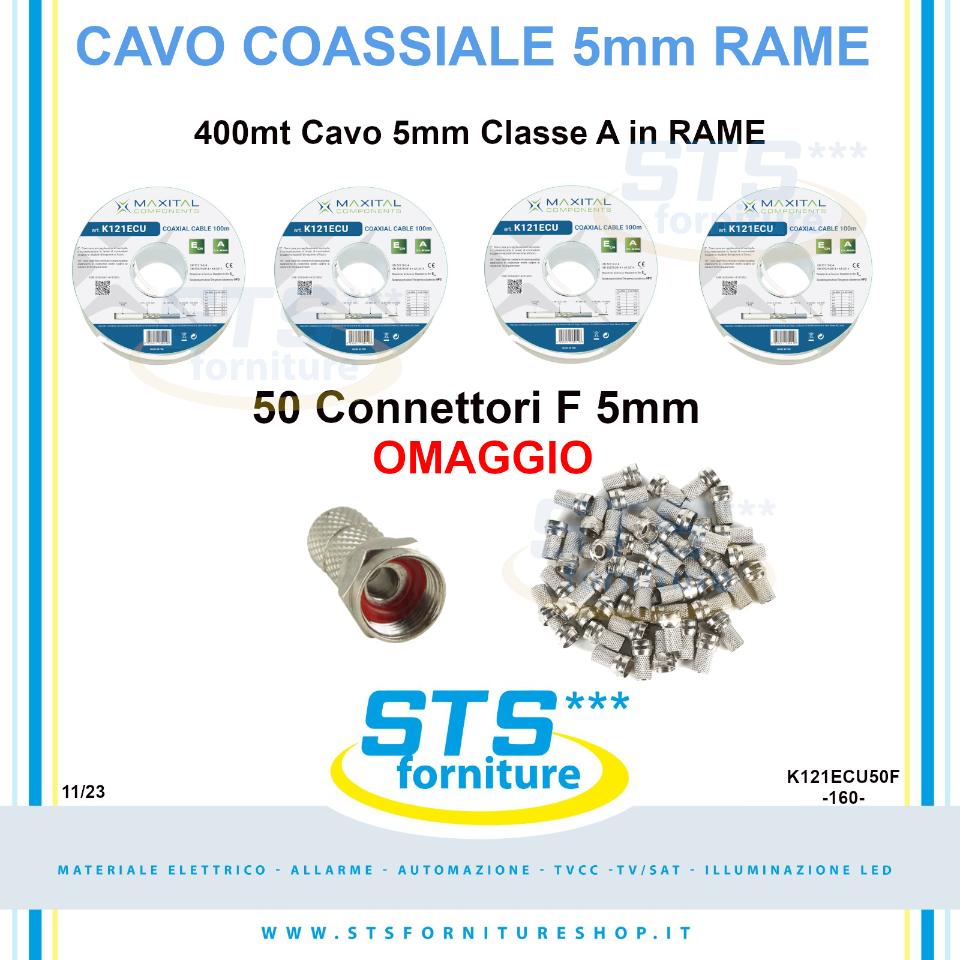 PROMO 400mt Cavo 5mm Classe A RAME CU + 50 Connettori F 5mm FTE Maximal