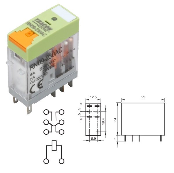 Mini Relè 230V 2 Scambi CA 8A Tasto Test