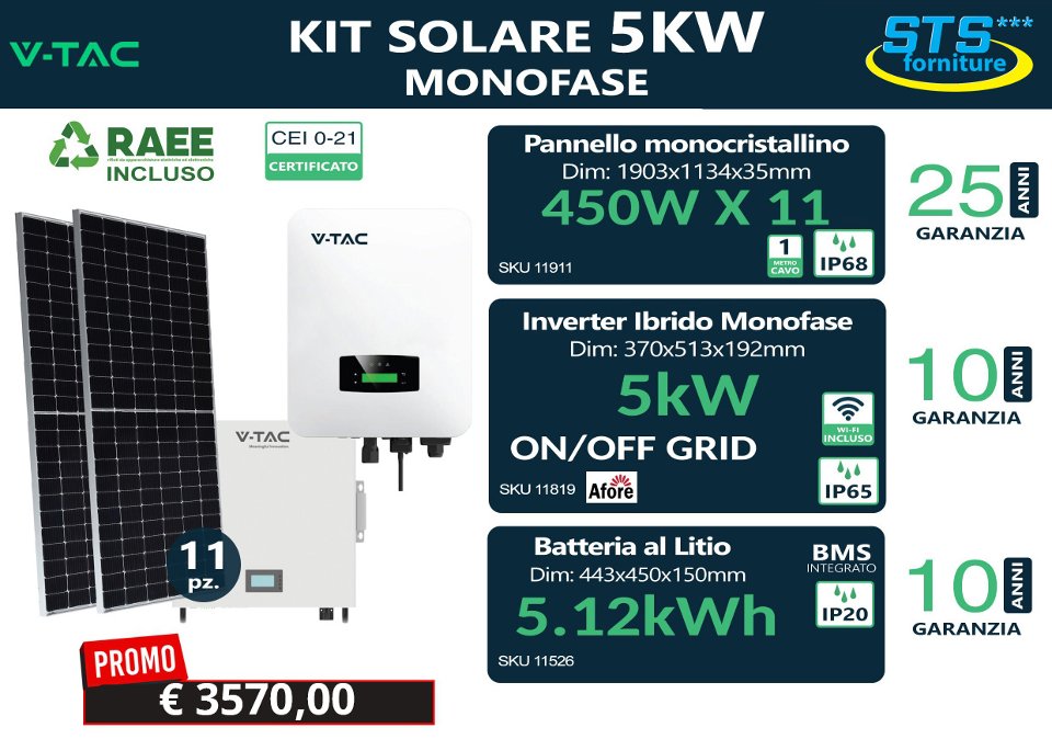 Kit Fotovoltaico 5 kW monofase con accumulo 5,12 kWh vtac 5 kW Afore