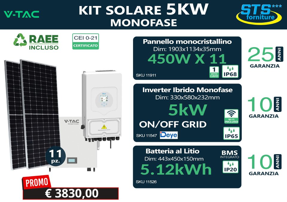 Kit Fotovoltaico 5 kW monofase con accumulo 5,12 kWh vtac 5 kW Deye