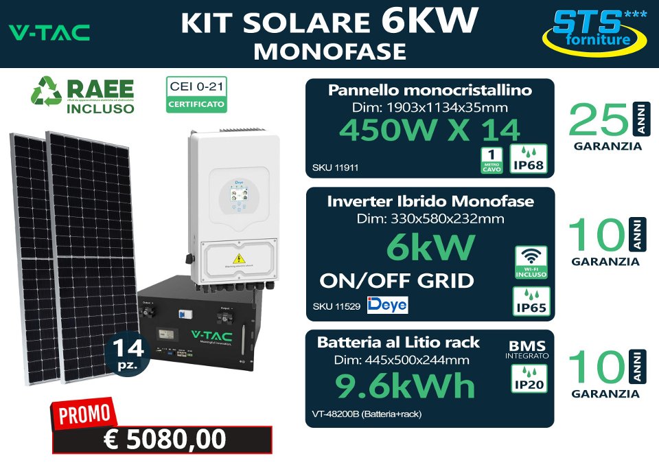 Kit Fotovoltaico 6 kW monofase con accumulo 9,6 kWh vtac 6 kW