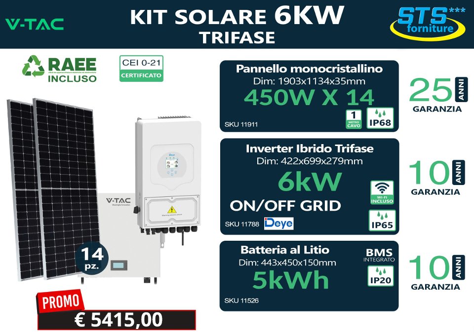 Kit Fotovoltaico 6 kW trifase con accumulo 5 kWh vtac 6 kW trifase