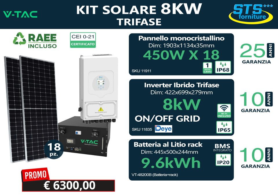 Kit Fotovoltaico 8 kW trifase con accumulo 9.6 kWh vtac 8 kW trifase